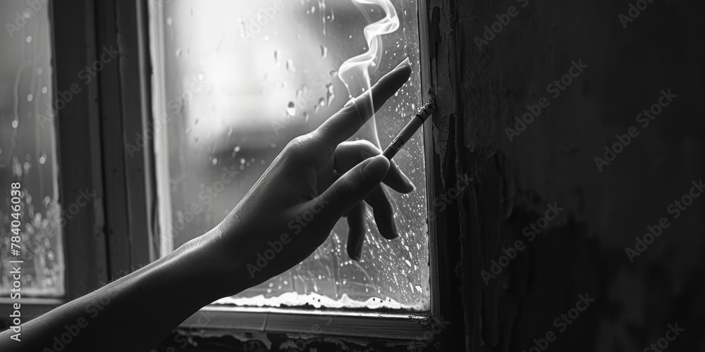 Canvas Prints A person holding a cigarette in front of a window. Suitable for lifestyle and addiction concepts