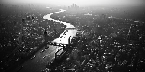 A black and white photo of a river in an urban setting. Perfect for cityscape designs