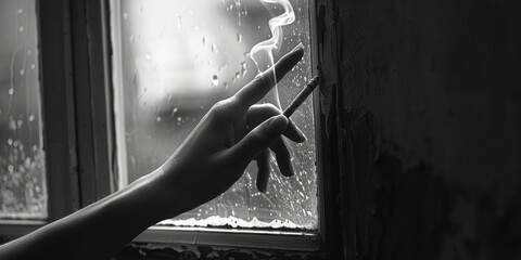 A person holding a cigarette in front of a window. Suitable for lifestyle and addiction concepts - obrazy, fototapety, plakaty
