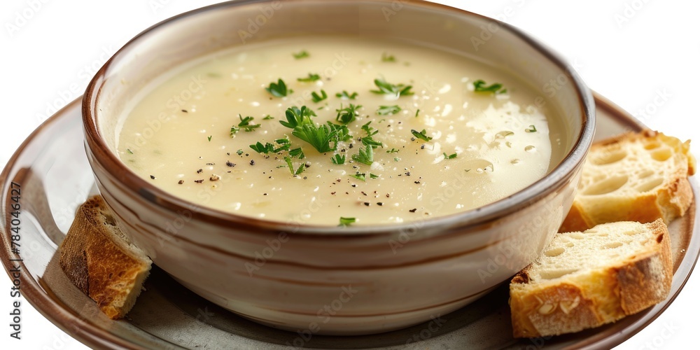 Poster a comforting bowl of soup with a side of bread. perfect for food and cooking concepts
