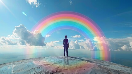   A man atop a rock gazes at twin rainbows in the sky