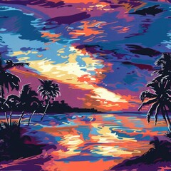 Beautiful painting of a sunset with palm trees, perfect for tropical themed designs