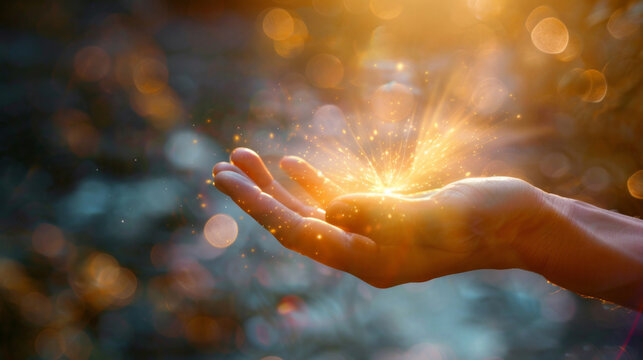 A photo capturing a glowing light bursting from a person's open hand against a blurry, golden backdrop, conveying a sense of wonder and magic.