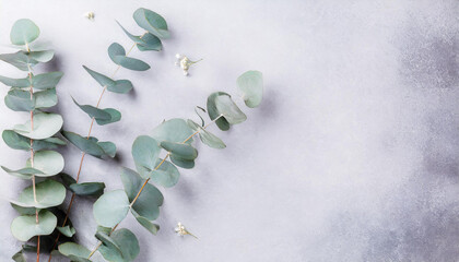 Eucalyptus leaves and branches lying on a stone marble table. background with floral twigs and empty space for text. Generative AI.