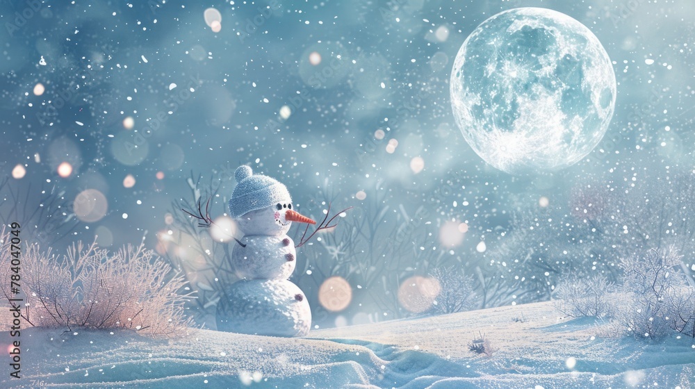 Canvas Prints Snowman standing in snowy field with a full moon in the background. Suitable for winter holiday concepts