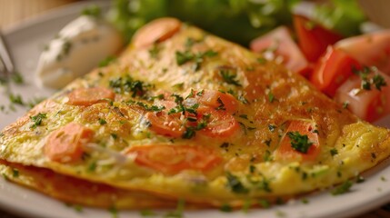 Freshly cooked omelet with tomatoes and herbs, ideal for breakfast menu designs
