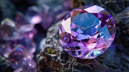 A purple diamond resting on a rock. Ideal for jewelry or gemstone concepts