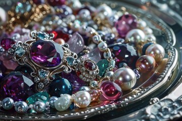 A variety of colorful beads arranged on a silver tray. Ideal for jewelry making projects