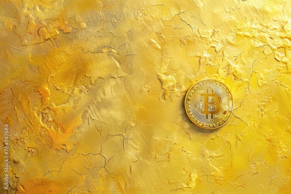 Poster a single bitcoin displayed on a shiny gold painted wall. perfect for financial concepts