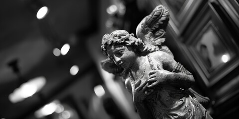 A striking black and white photo of an angel statue. Perfect for religious or artistic projects - obrazy, fototapety, plakaty