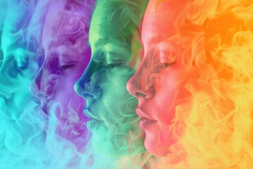 Diverse group of people with colorful smoke coming out of their faces. Suitable for creative concepts and diversity themes