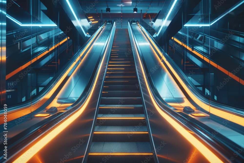 Poster modern escalator with orange lighting, suitable for urban themes or architectural concepts