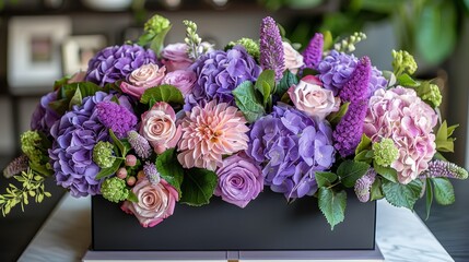   A table holds a vase with purple and pink blooms, alongside another bearing green and pink flowers