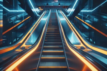 Modern escalator with orange lighting, suitable for urban themes or architectural concepts - obrazy, fototapety, plakaty