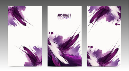 Watercolor cover set. Brushstroke texture template. Artistic pattern design purple color on white background