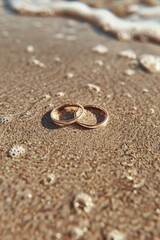 Fototapeta na wymiar Two wedding rings resting on sandy beach. Ideal for wedding or love concept