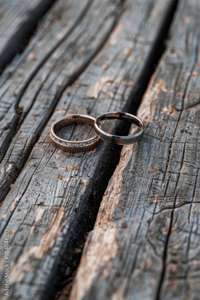 Sticker Two wedding rings displayed on a rustic wooden table. Perfect for wedding themes and jewelry concepts