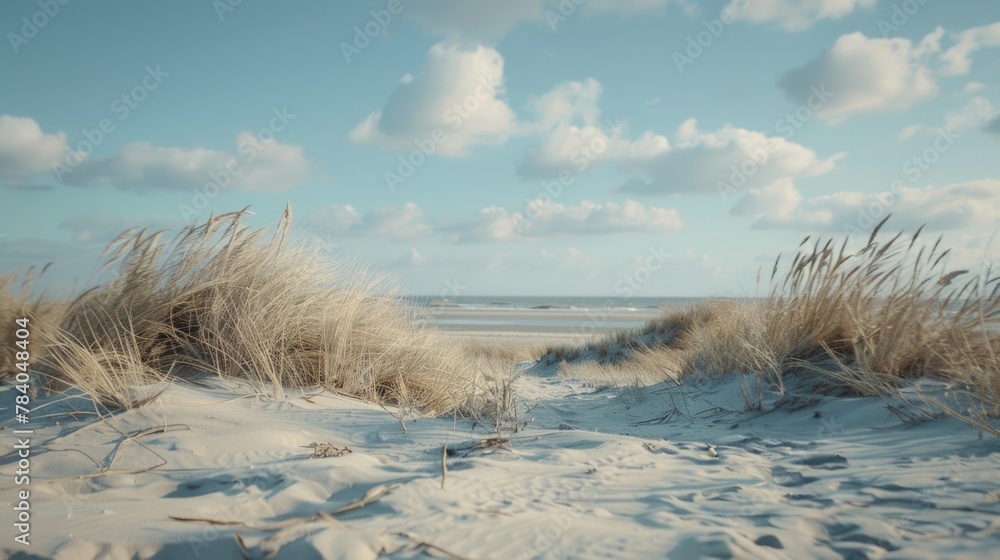 Poster a scenic view of a beach with sand and grass. ideal for travel websites