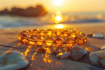 A detailed view of a bracelet on a sandy beach. Ideal for travel and vacation concepts - obrazy, fototapety, plakaty