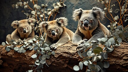 Fototapeta premium A Gathering of Koalas Resting on Eucalyptus Trees