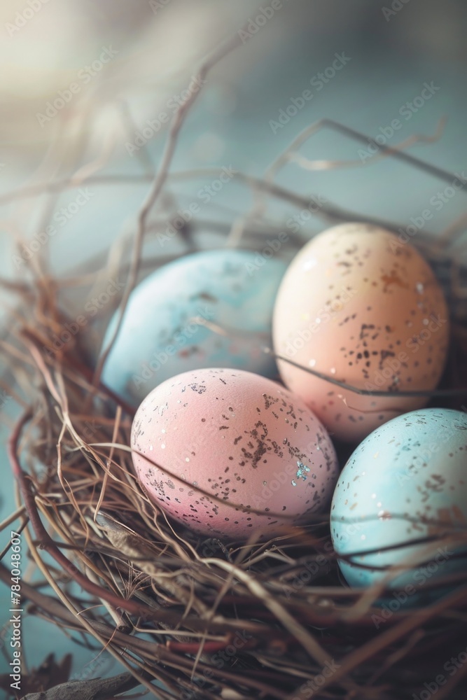 Aufkleber Three eggs in a nest on a table, suitable for various concepts