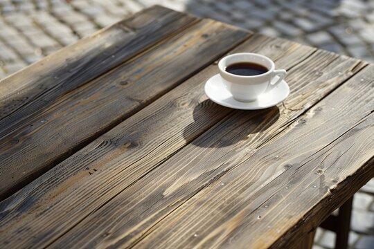 A simple image of a cup of coffee on a wooden table. Suitable for various lifestyle and food related projects
