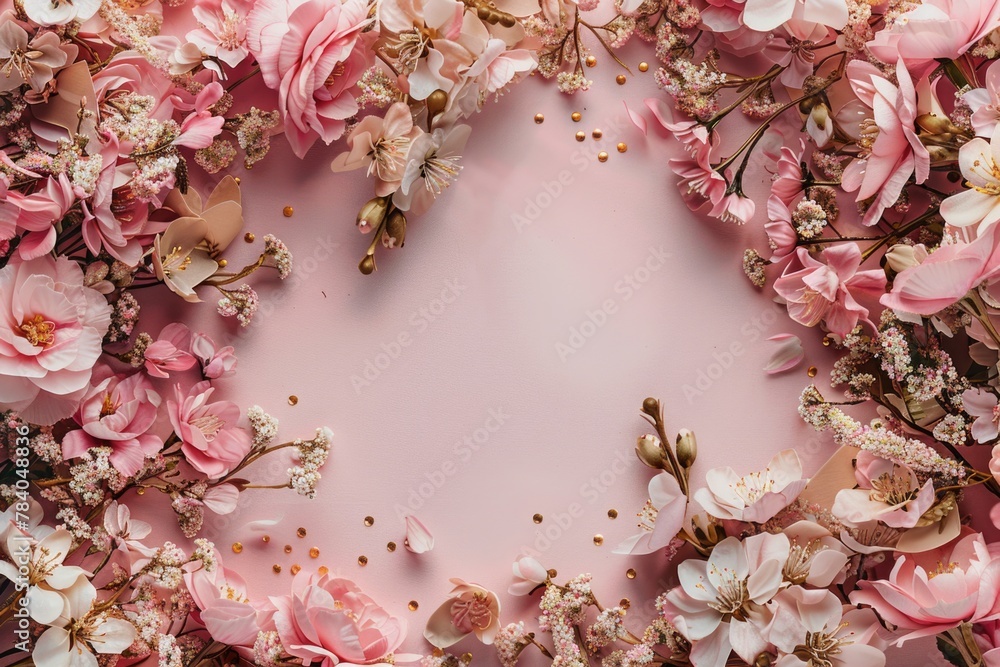 Poster pink frame with floral design and bee motifs. perfect for spring and nature-themed projects