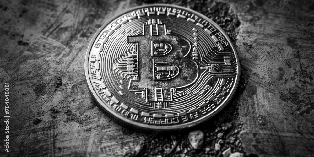 Poster a bitcoin cryptocurrency coin on a rustic wooden table. ideal for finance and technology concepts