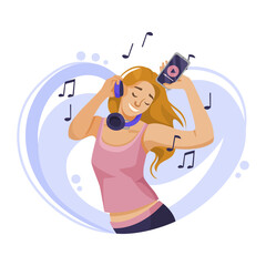 A happy woman dancing and enjoying music with headphones, Vector illustration on a light abstract background, concept of joy and leisure. Vector illustration
