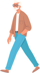 An elderly man with gray hair and a beard walks and looks to the side. Vector flat illustration