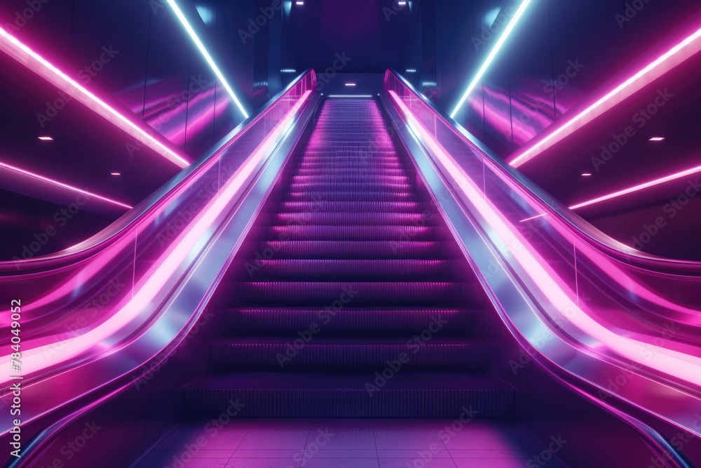 Poster a modern escalator with vibrant neon lights. perfect for urban architecture concepts