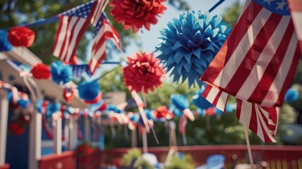 American flags, patriotic ribbons and red, white and blue decorations highlight national pride and solidarity. America's Labor Day