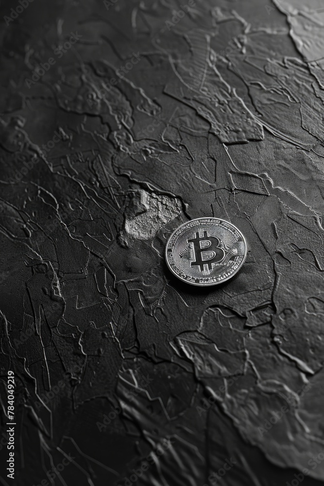 Poster a bitcoin sitting on a table. suitable for finance concepts
