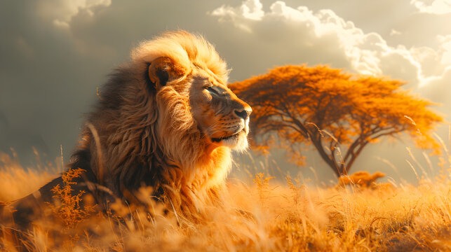 Lion and the African savanna, double exposure photography.
