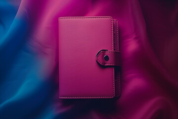 A luxurious pink planner with a secure clasp rests on a silk background with a rich play of magenta and blue shades, signifying elegance and organization