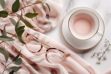 An elegant arrangement featuring a cup of tea, reading glasses, and fresh greenery on a draped satin fabric, exuding a sense of relaxation and sophistication