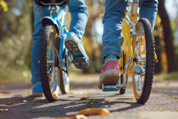 A cute sister and brother's feet pedaling on bicycles, enjoying a sunny ride in the park.