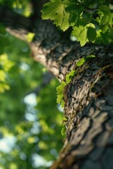 Obraz premium Detailed shot of a tree trunk with green leaves, suitable for nature concepts