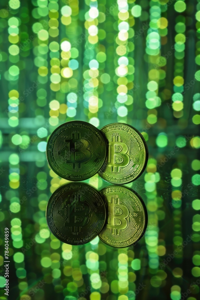 Poster two bitcoins sitting on top of each other. suitable for financial and cryptocurrency concepts.