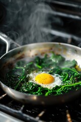 A fried egg placed on top of broccoli in a frying pan. Perfect for food and cooking concepts