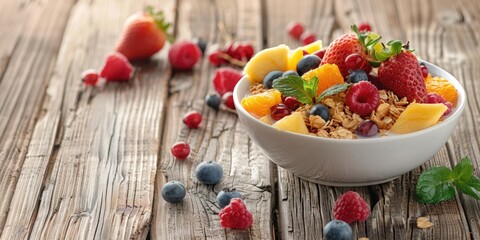 A bowl of cereal and fresh fruit on a rustic wooden table. Ideal for breakfast concept designs