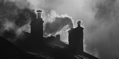 A black and white photo of smoke coming out of chimneys. Suitable for industrial or environmental concepts