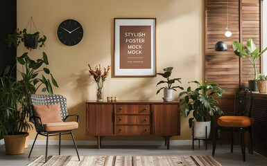 Vintage interior design of living room with stylish retro furnitures, a lot of plants, commode, black clock and brown poster mock up frame on the beige wall. Stylish home decor.