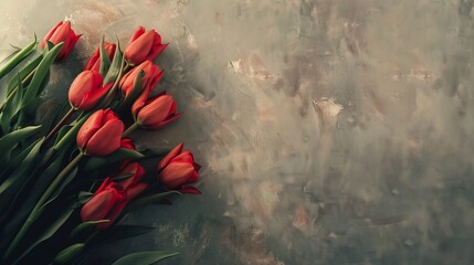 top of red tulips on table