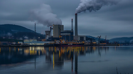 a power plant situated near a body of water during the evening. - obrazy, fototapety, plakaty