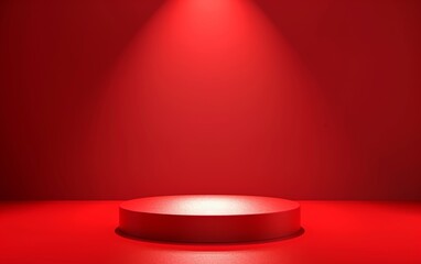 Fototapeta premium Minimal red podium for christmas product display. Color round pedestal placed on studio floor. 3D shaded, light from top. Red Spot Light in background