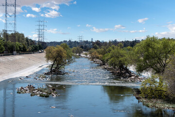 View of the Los Angeles River near Elysian Valley and Cypress Park in Los Angeles, California.