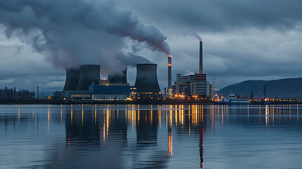 a power plant situated near a body of water during the evening. - obrazy, fototapety, plakaty