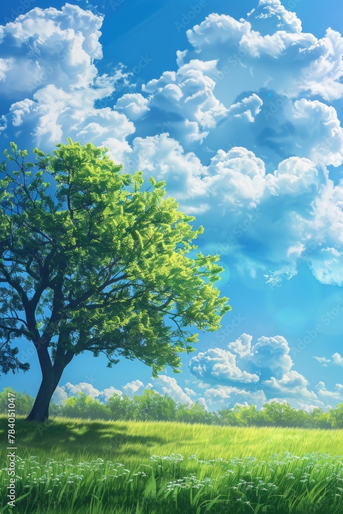 Poster a tree standing in a field with a beautiful blue sky in the background. suitable for nature or lands