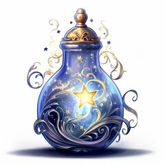 Shimmering watercolor potion bottle, ethereal swirls with tiny stars suspended inside, detailed watercolor illustration clipart